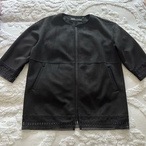 NWT SIZE MEDIUM VEGAN SUEDE BLACK ZARA OPEN JACKET WITH GORGEOUS SOUTACHE TRIM